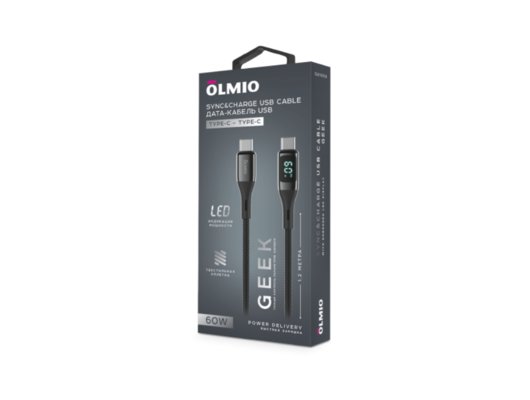 Кабель OLMIO GEEK Type-C-Type-C 60W USB2.0 1.2м тканевая оплетка дисплей (499618) Черный